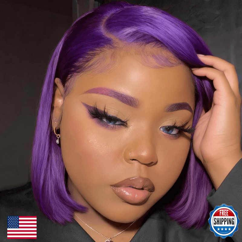 Rqy Dark Purple Human Hair Wig 13X4 Hd Lace Frontal Short Straight Lace Front - Image 1