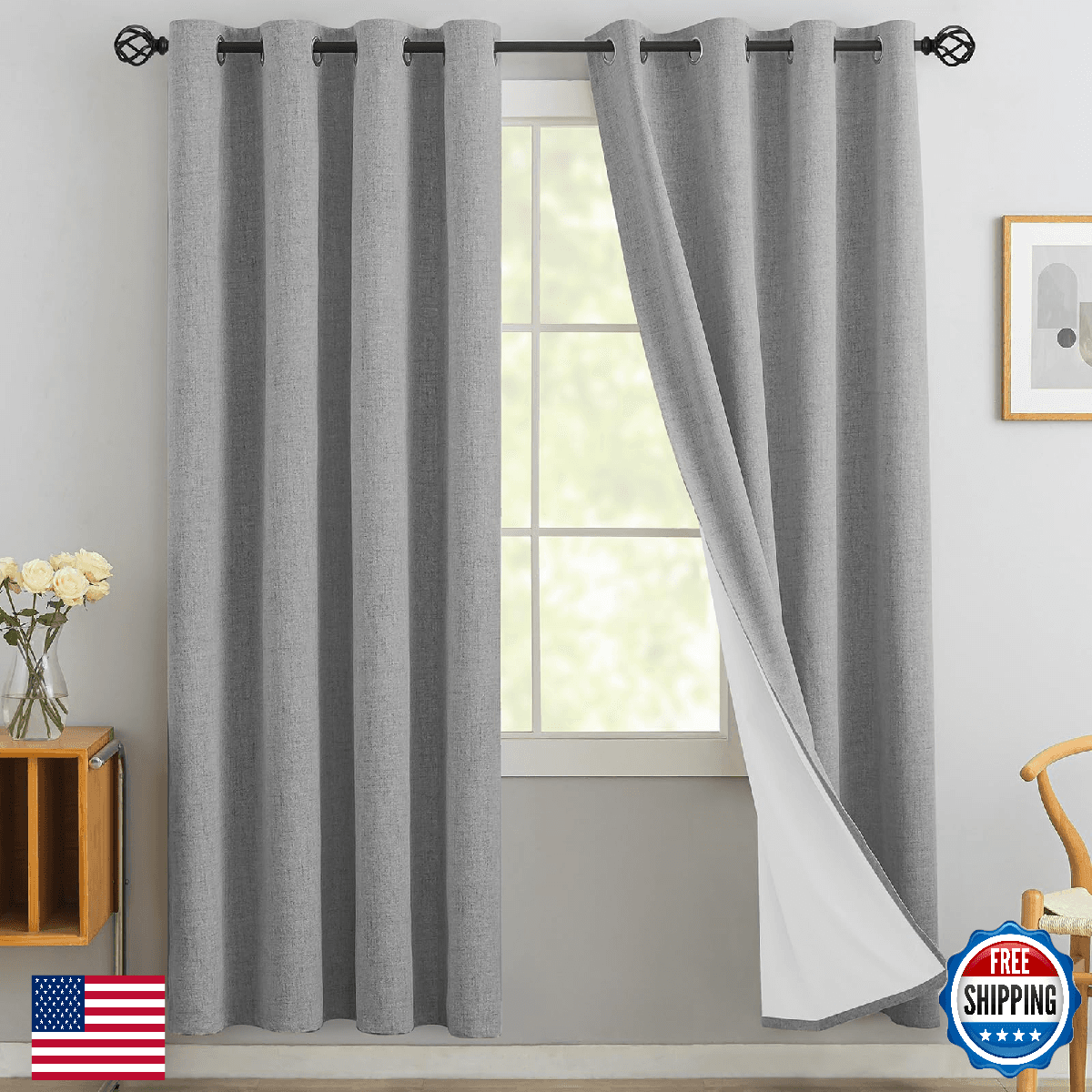 Yakamok Dove Grey Linen Curtains 100% Blackout 72" L Room Darkening - Image 1