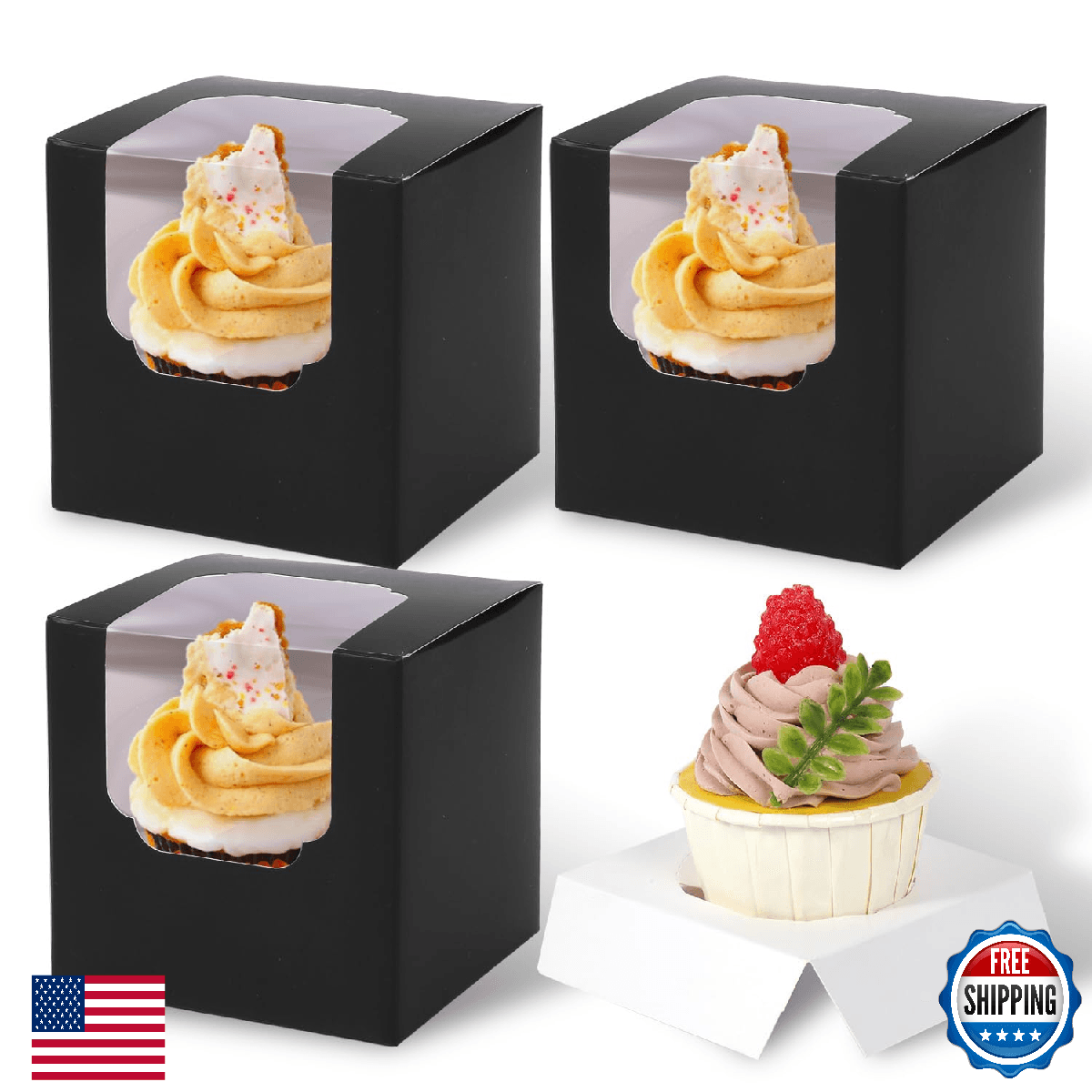 JCD 70 packs Black Cupcake Boxes Individual Cupcake Container 3.5" x 3.5" x 3.5" - Image 1