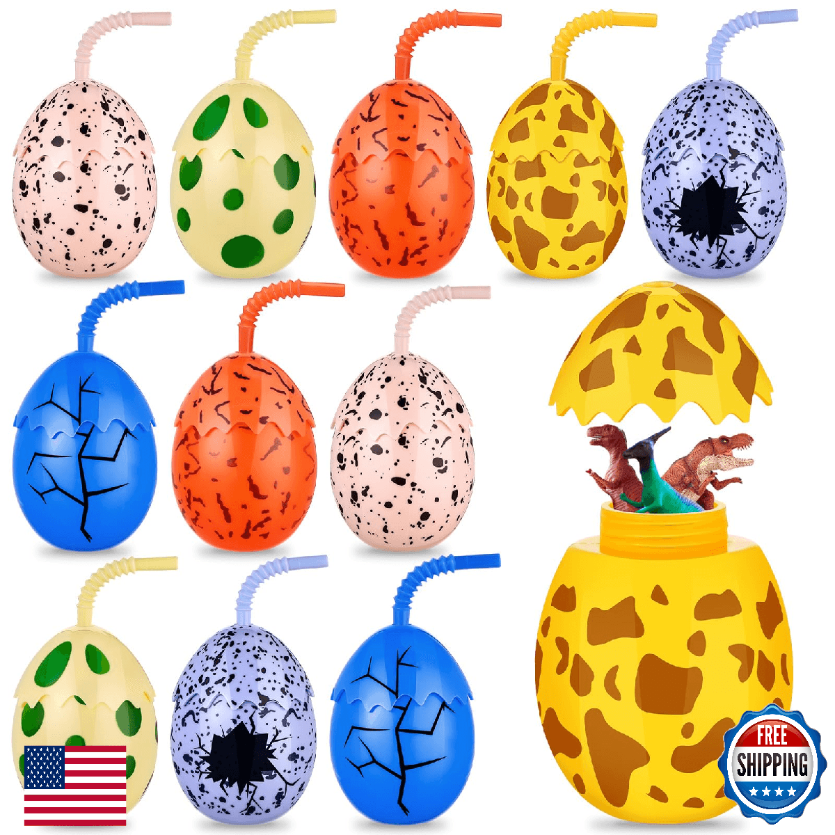 Maxcheck 12 Pcs Kids Dinosaur Party Favor Cups w/Lids & Straws 10 oz Egg Design - Image 1