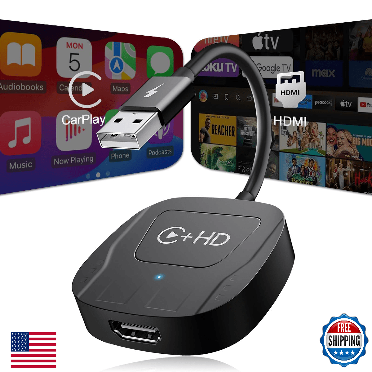 Wireless CarPlay Adapter with HDMI Input Port, 2-in-1 Car TV Mate CarPlay Wirele - Image 1