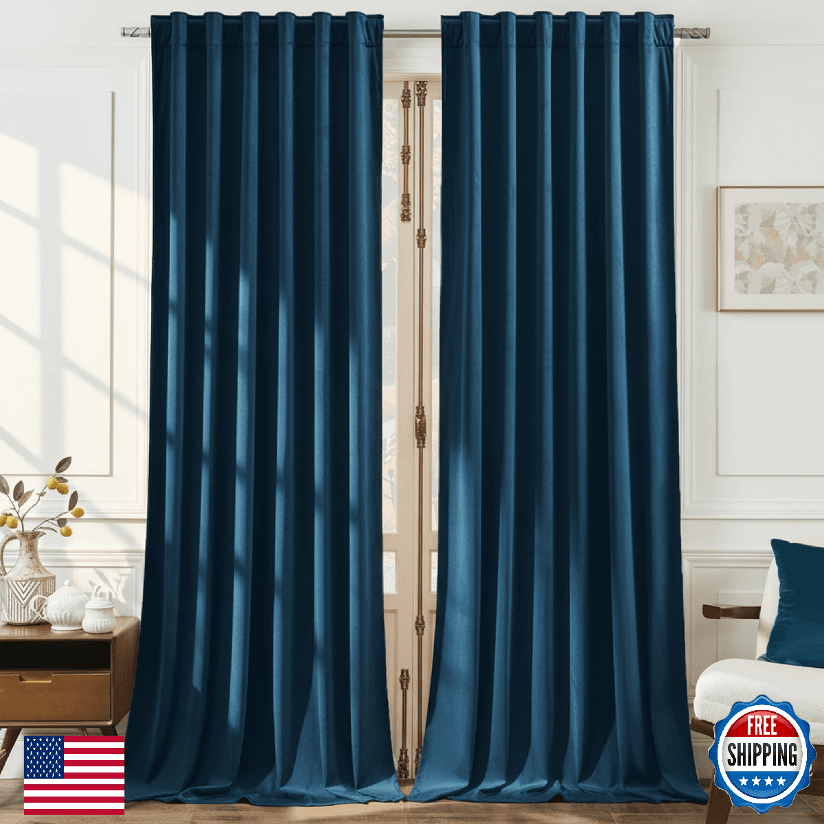 Timeper Dark Blue Velvet Curtains W52 x L84 inches 2 Panels, Blackout Thermal In - Image 1