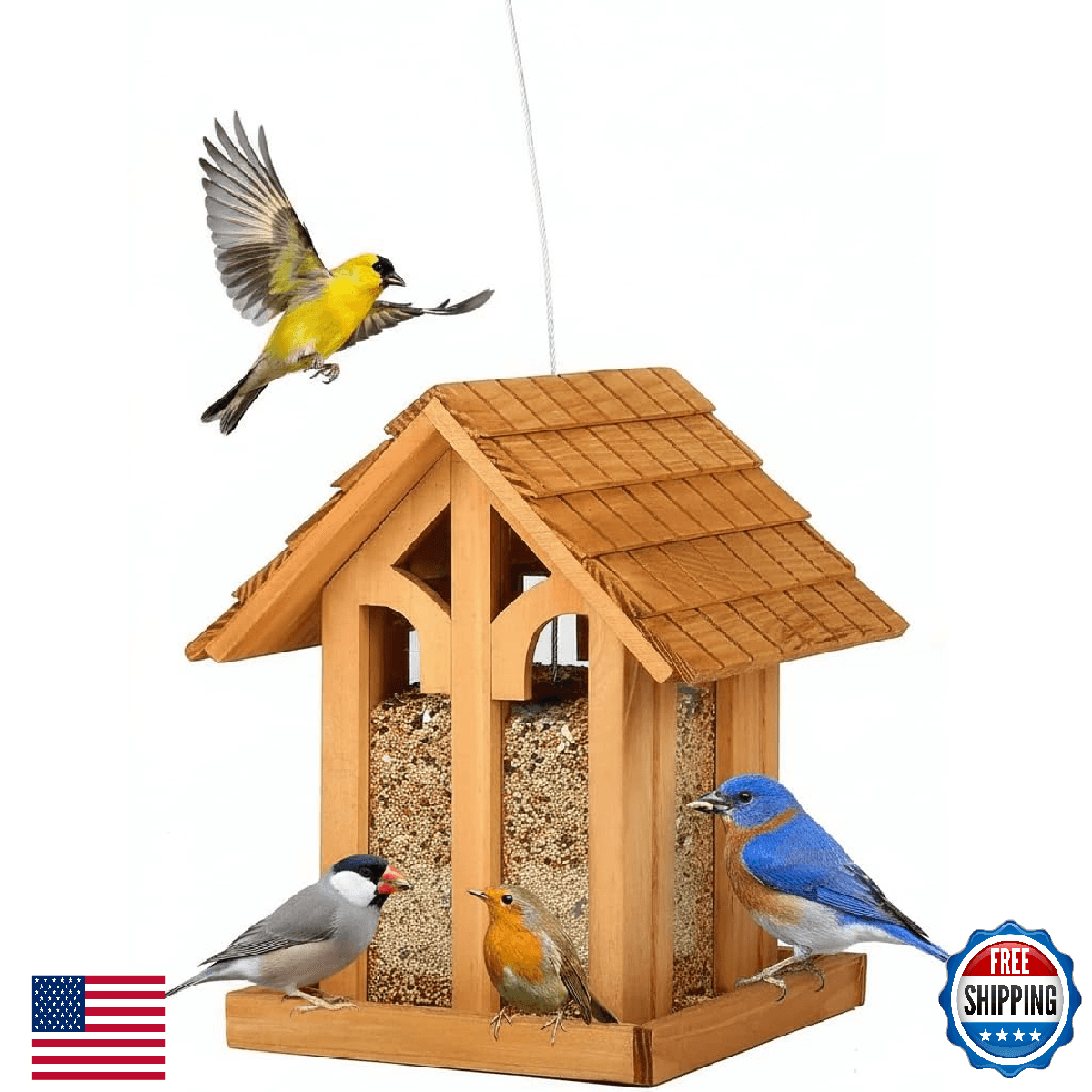 Cedar Wood Large Hanging Bird Feeder Outdoor 10lb Seed Capacity Chalet Birdfeede - Image 1