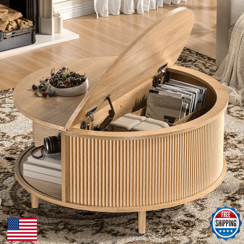 Beroxii Round Coffee Table 31.5 Fluted Center Table Storage Lift-Top Coffee - Image 1