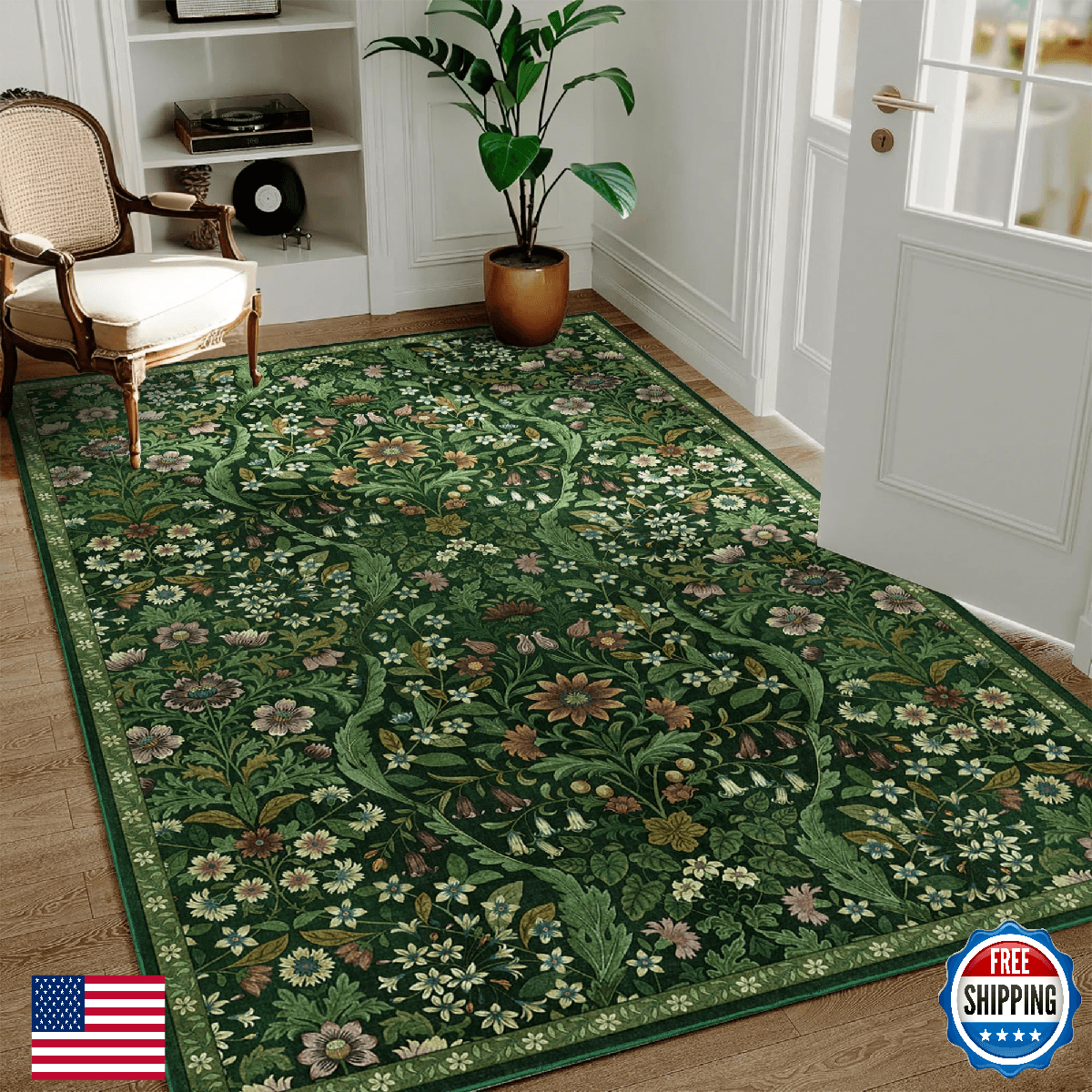 3x5 Dark Green Boho Floral Vintage Area Rug,Soft Lightweight Low Pile Non-Sheddi - Image 1