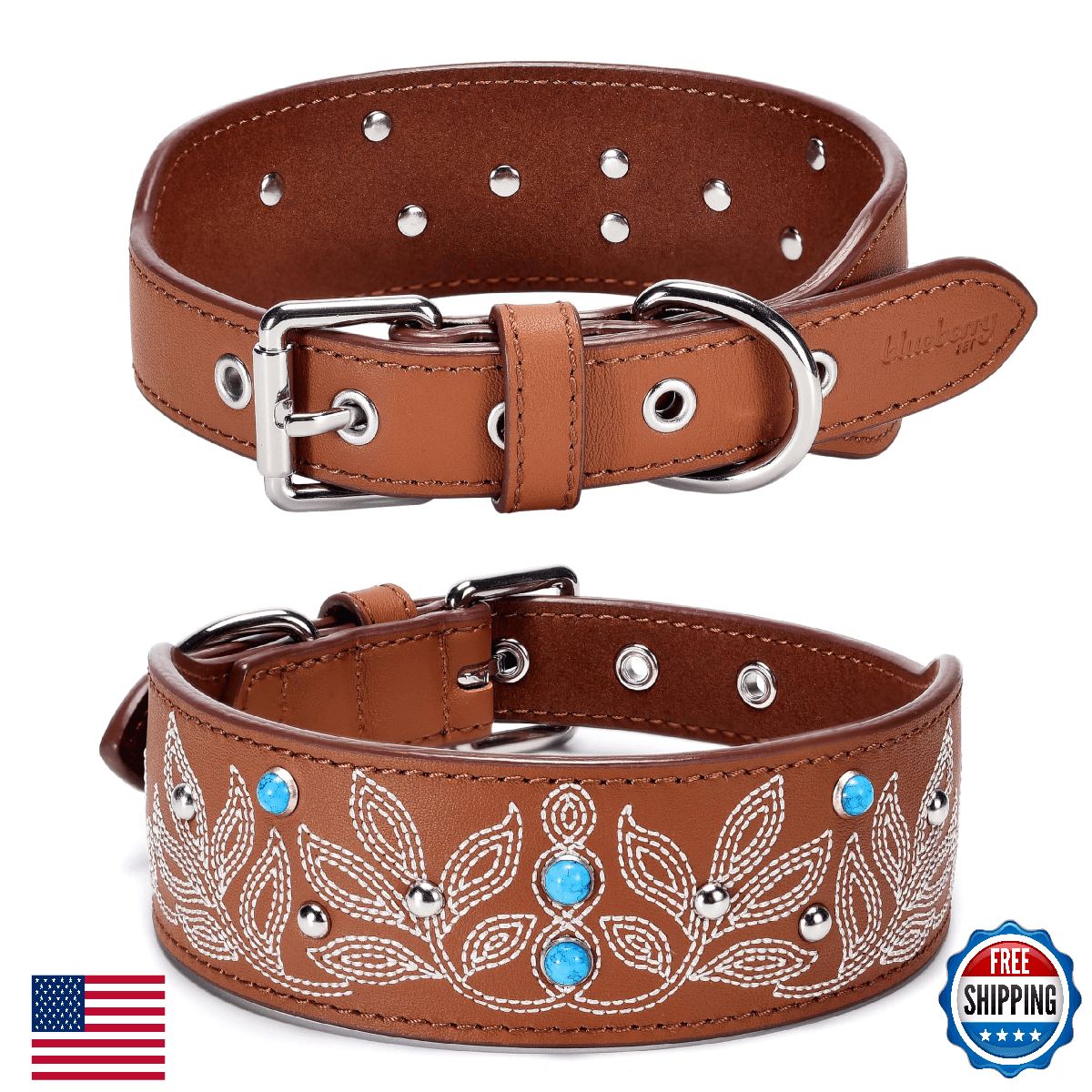 Blueberry Pet Genuine Leather Dog Collar - Western-Inspired Brown Leather Dog Co - Image 1