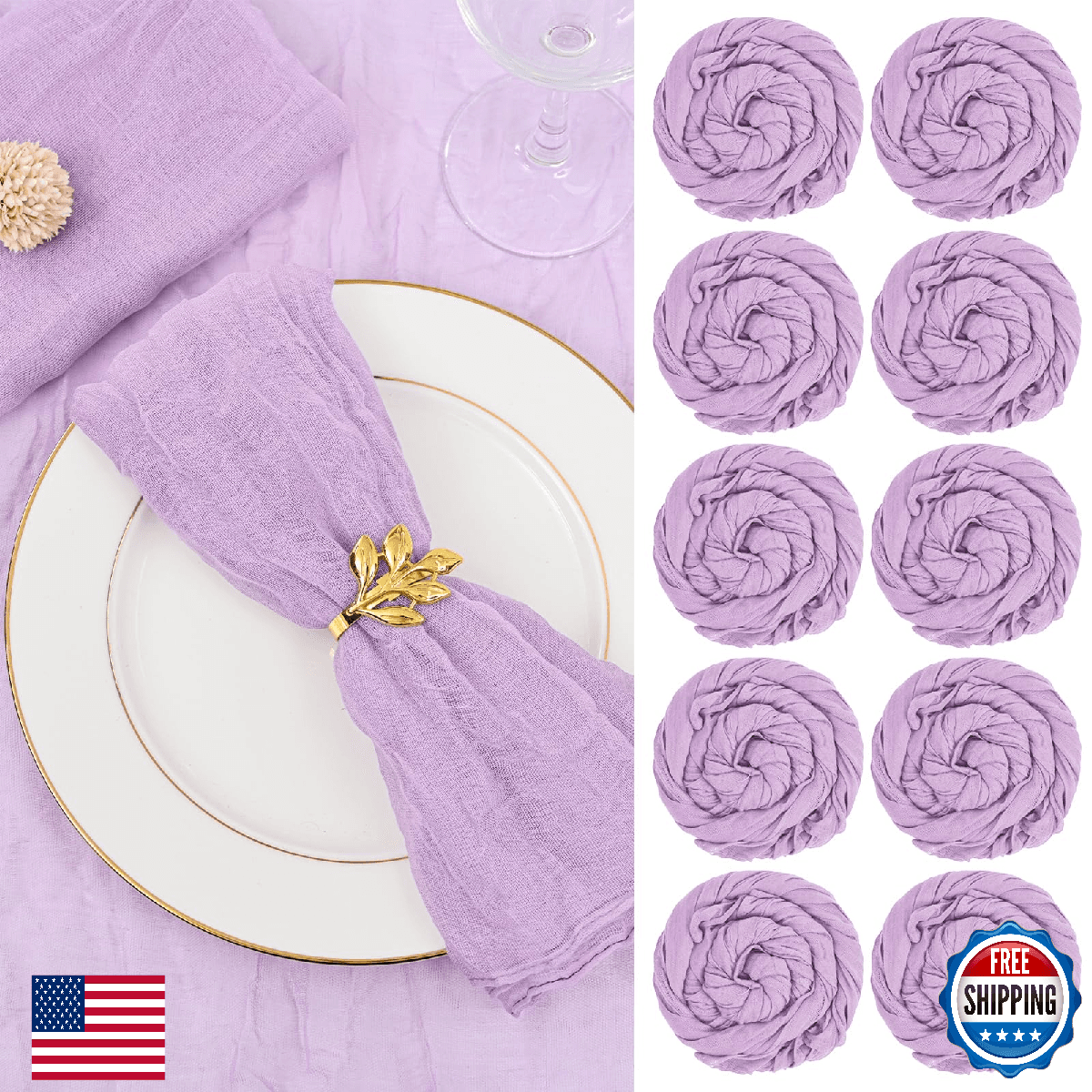 60pk Lavender Cheesecloth Napkins 20x20in Wrinkled Soft Cotton Table Decor - Image 1