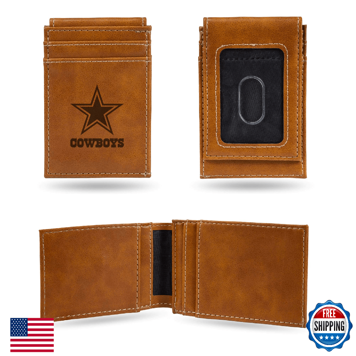 Rico Industries Laser Engraved Front Pocket Wallet Dallas Cowboys NFL Brown - Image 1