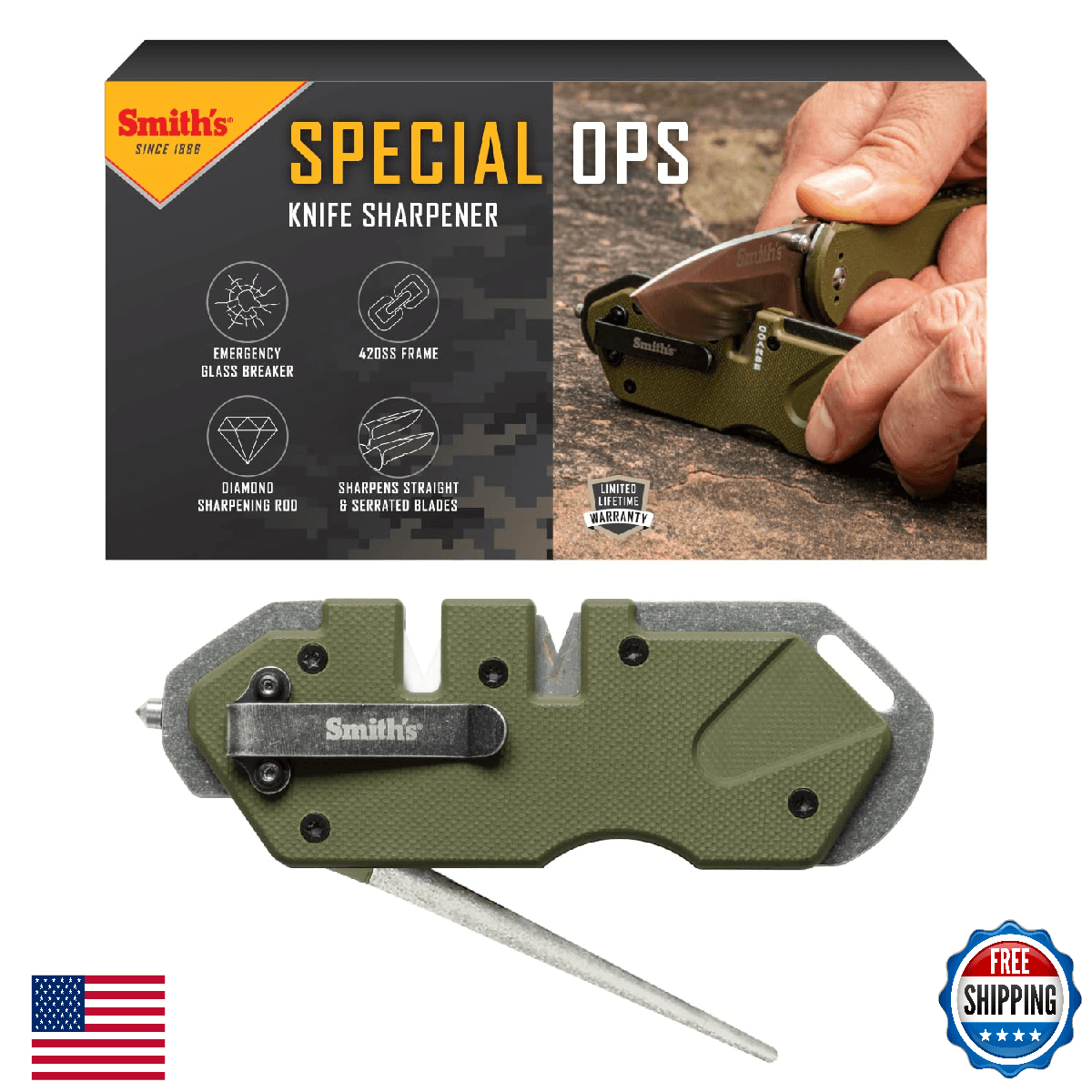 Smith’s 50981 Pocket Pal Tactical Knife Sharpener - OD Green - 2-Stage - Image 1