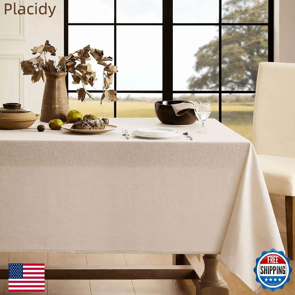 Placidy Beige Textured Linen Tablecloth Rectangle Farmhouse Boho Rustic Table Co - Image 1