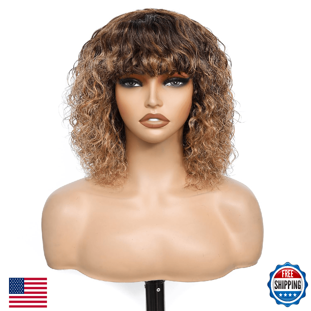 Ombre Curly Wig with Bangs Human Hair Shaggy Curly Afro Curly Glueless Wear and - Image 1