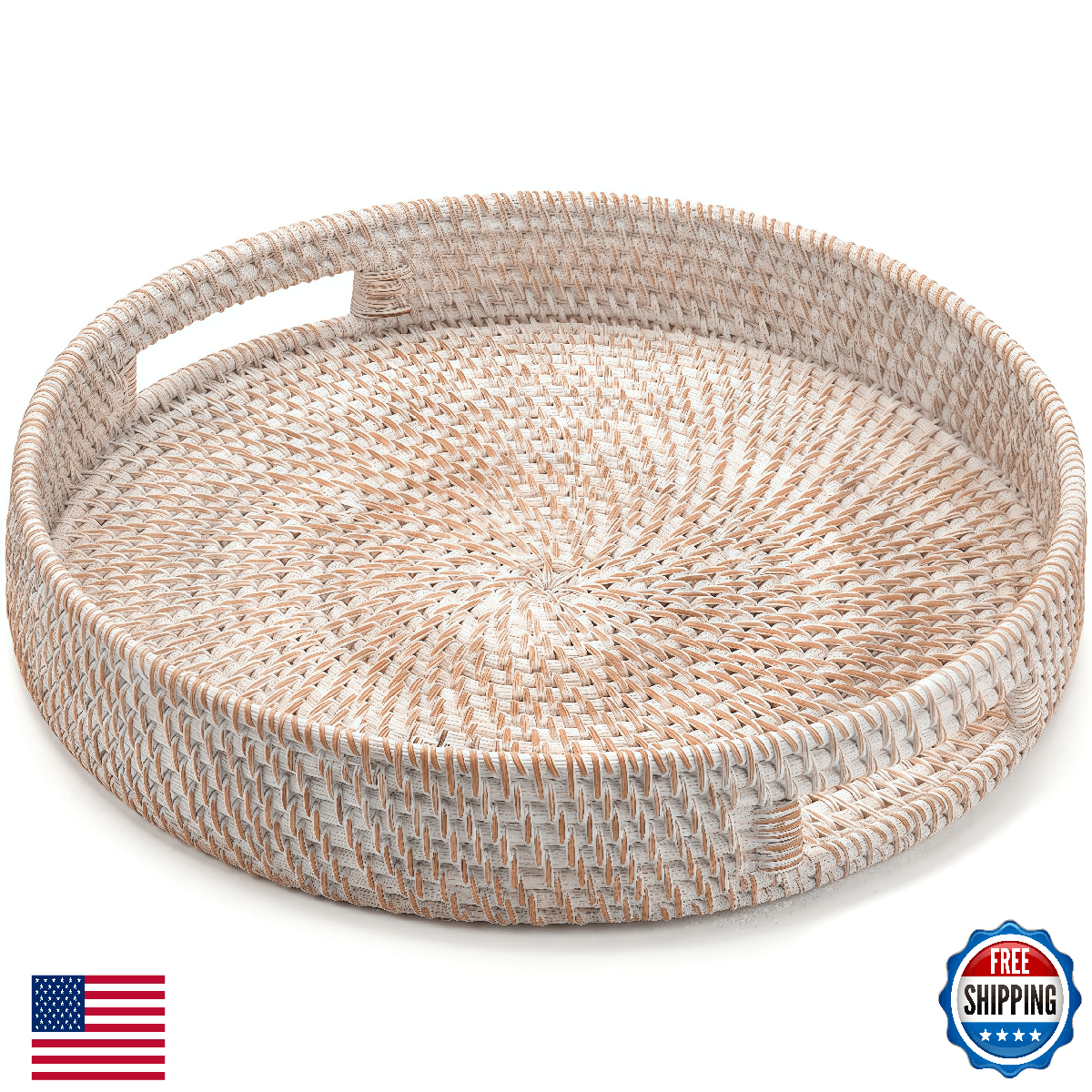 14" Round Rattan Tray, Hand Woven Serving Tray with Handles, Wicker Serving Bask - Image 1