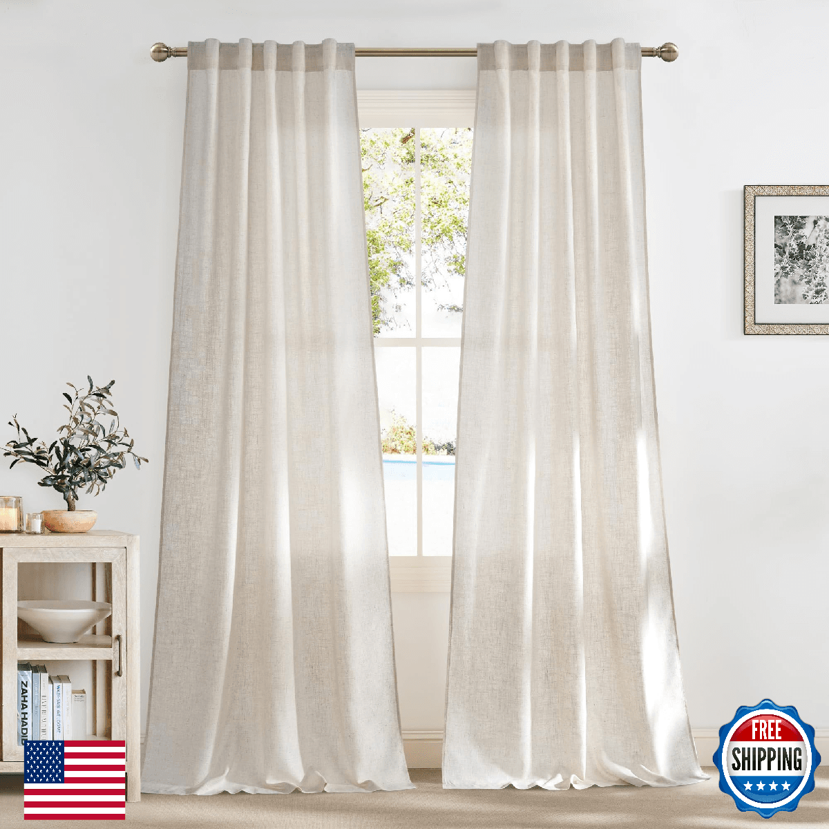 NICETOWN Linen Window Curtains 108 Inch Long 2 Panels Set for Farmhouse, 42" Wid - Image 1