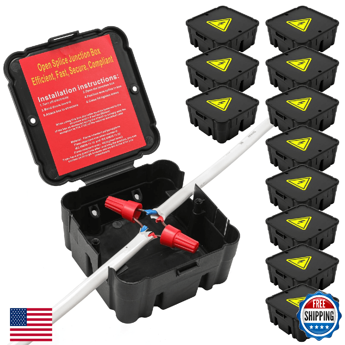 Black Open Splice Junction Box 12 Pack Wire Electrical Junction Box 5 Second Ins - Image 1