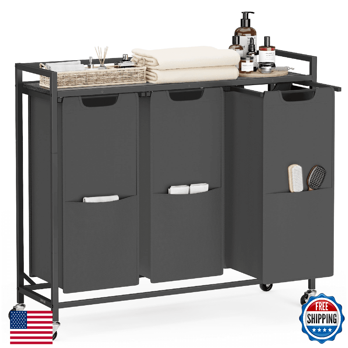 VASAGLE Laundry Sorter 43.5 Gal 165L 3-Compartment Rolling Cart With Removable B - Image 1