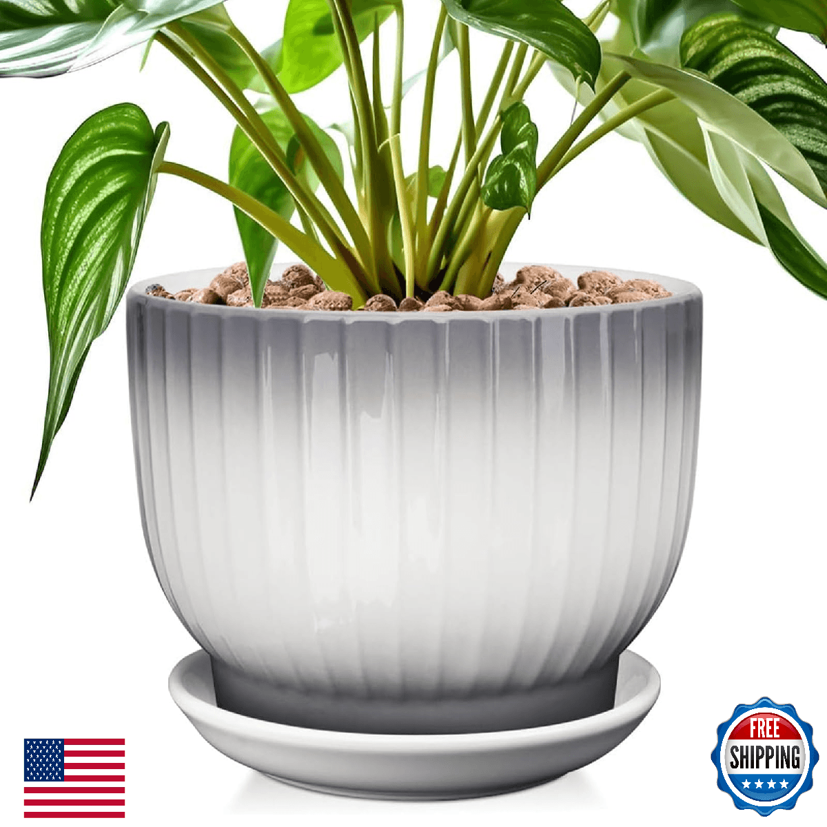 YUFDA 8" Ceramic Plant Pot Planter w/ Drainage & Saucer Indoor Gray White - Image 1