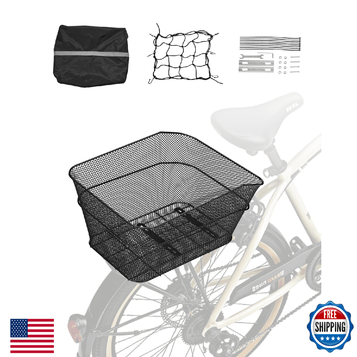 Vevor Rear Bike Basket Wire Mesh Cargo, Waterproof Cover, Durable, 50 lbs Max - Image 1