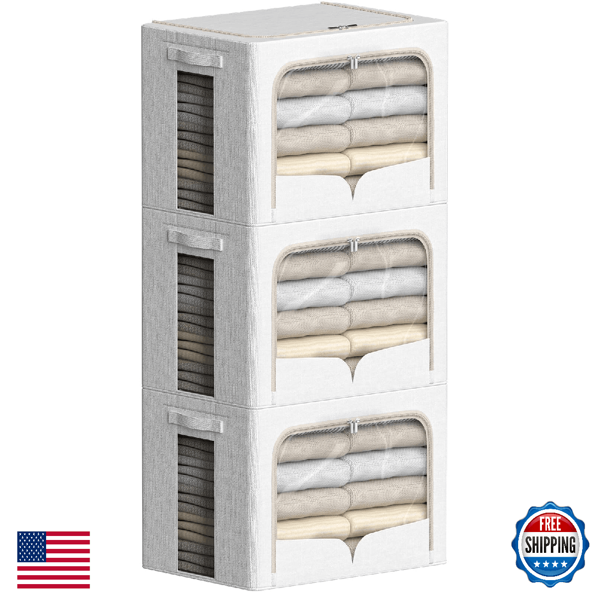 FHSQX 3 Pack Clothes Storage Bins Foldable Metal Frame Storage Box Stackable Lin - Image 1