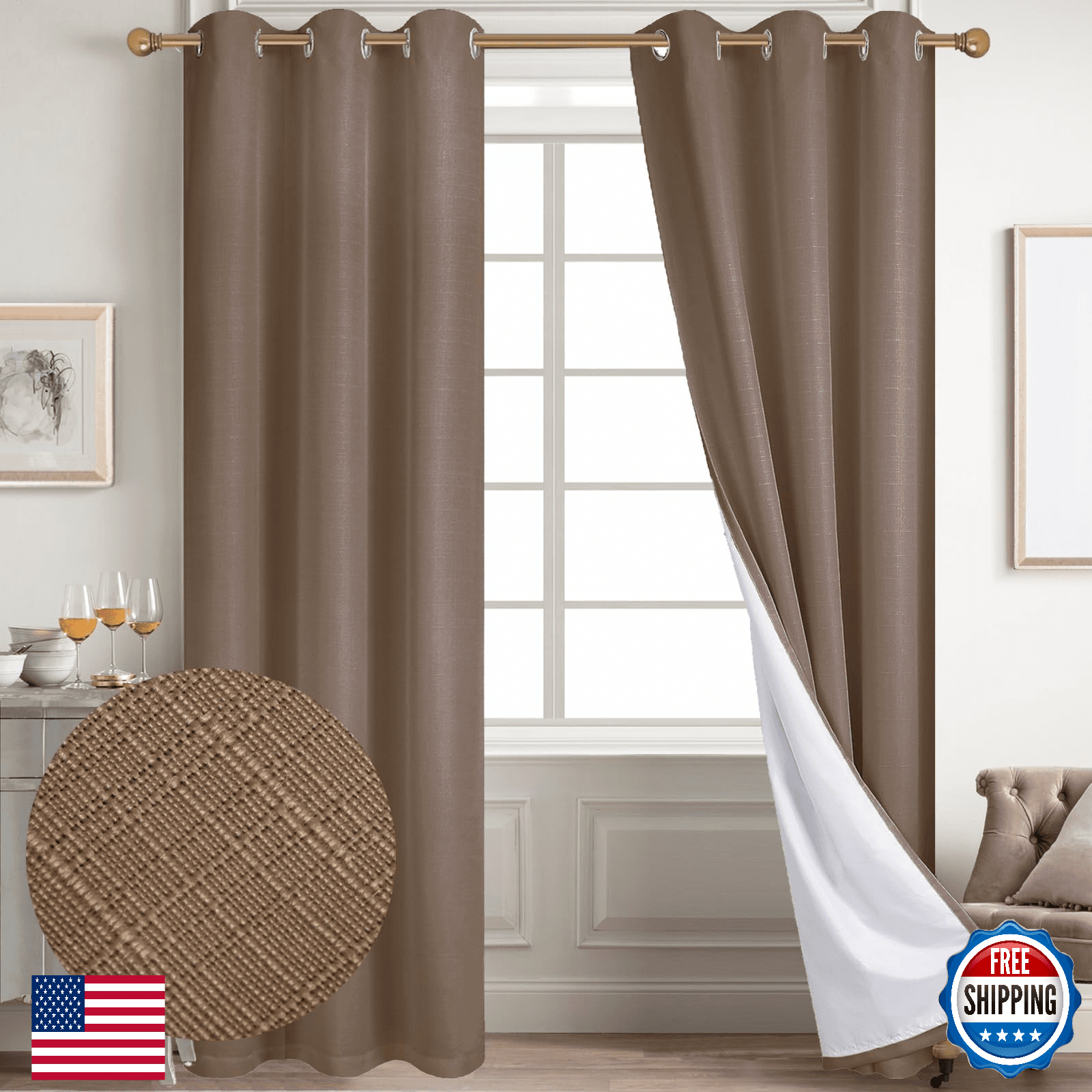 Diraysid Cappuccino Blackout Linen Curtains Grommet Room Darkening Thermal Insul - Image 1
