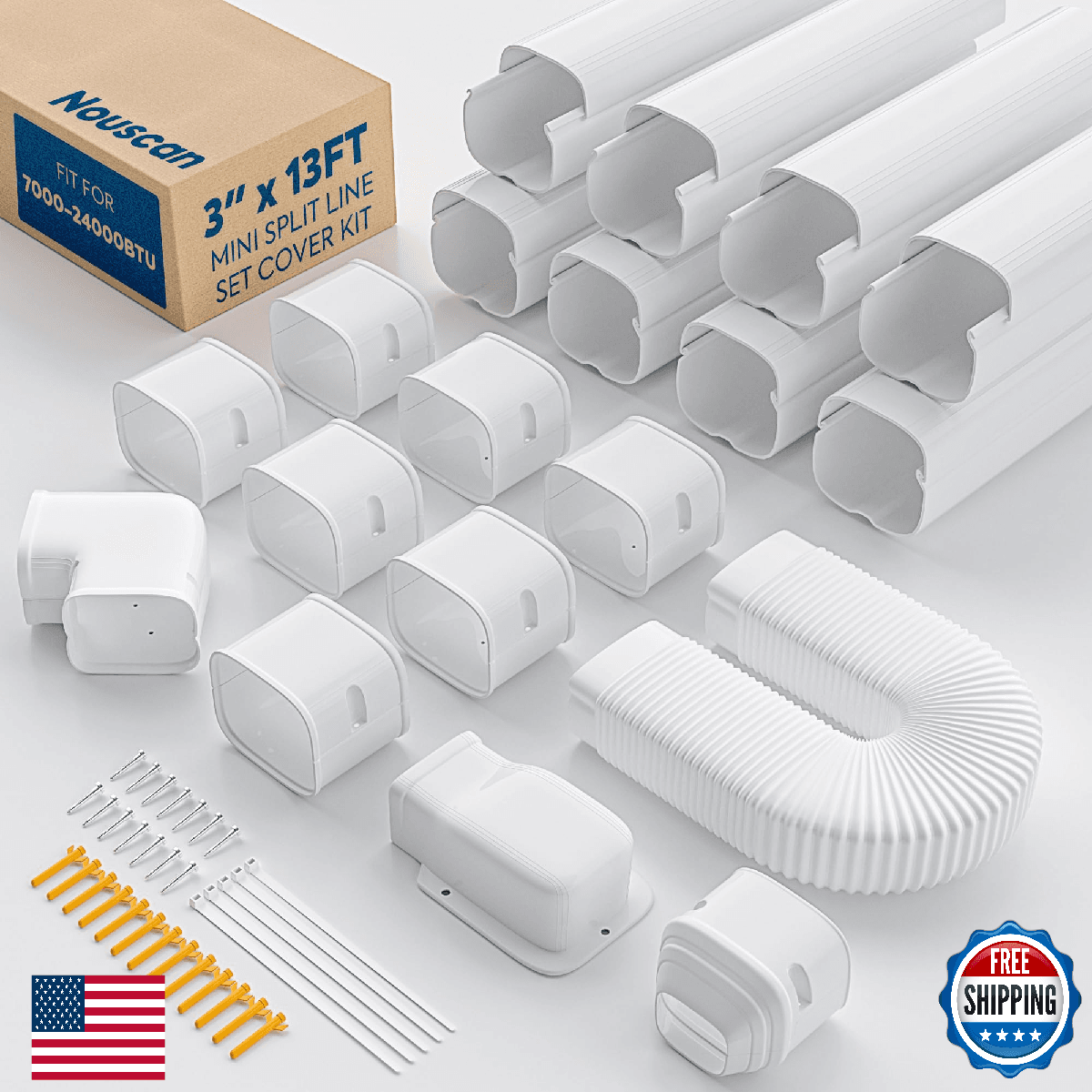 Nouscan 3" 13ft Mini Split Line Set Cover Flexible Duct Paintable HVAC Kit - Image 1