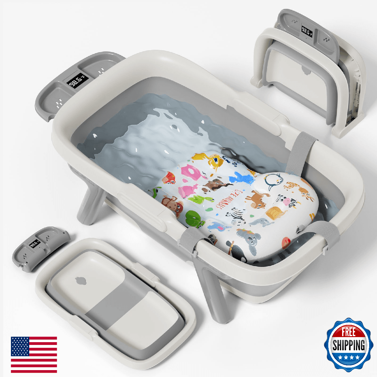 EverKiddo Collapsible Baby Bathtub, Large Infant Bath Tub with Thermometer & Cut - Image 1