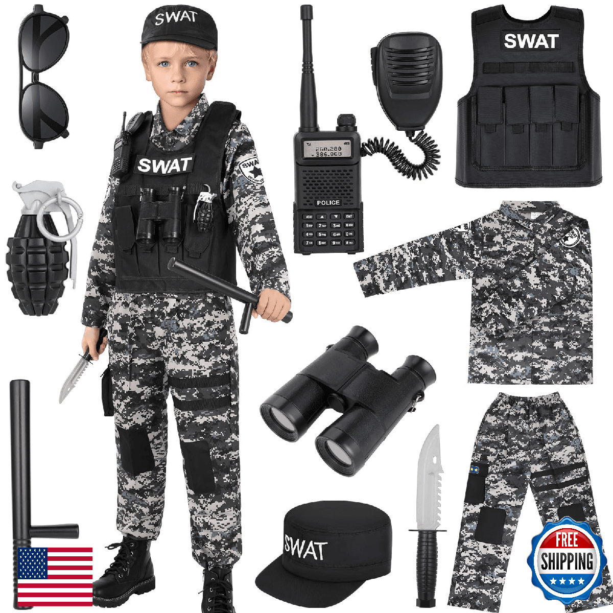 Luucio Kids SWAT Police Costume Set - Vest, Hat, Binoculars, Walkie-Talkie - Image 1