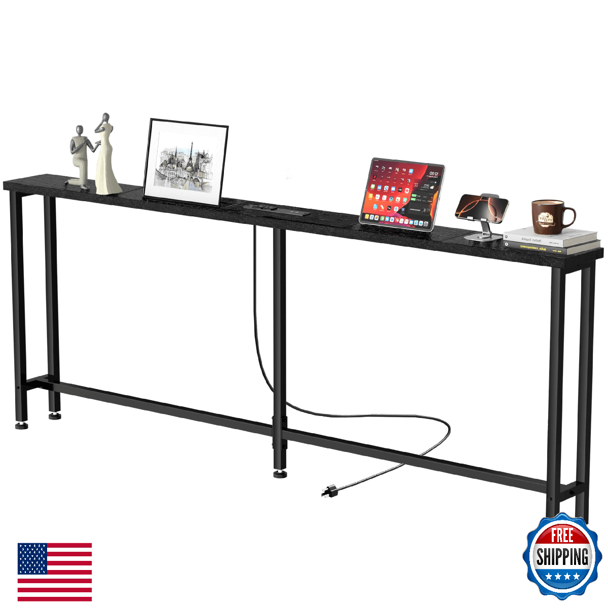 GRLEAF 63" Narrow Console Sofa Table with Built-in Power Strip 2 AC Outlets USB - Image 1