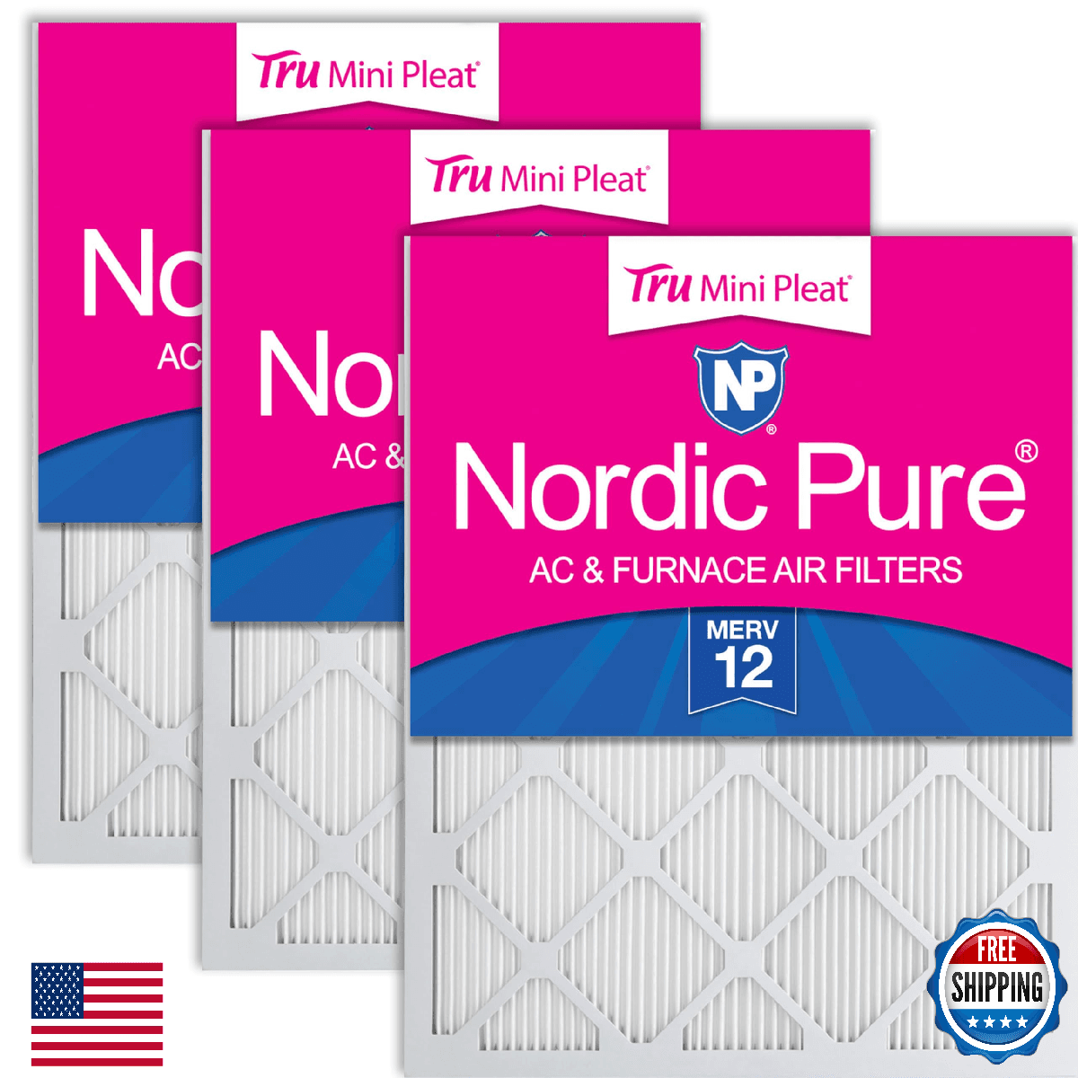 Nordic Pure 24x24x1 Tru Mini Pleat MERV 12 Furnace Air Filters 3 Pack - Image 1