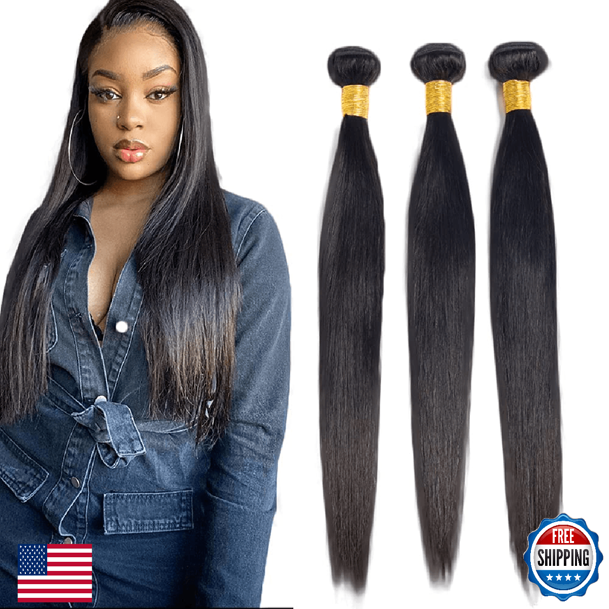 #1B Human Hair Bundles Straight Bundles 26 26 26 Inch Natural Color Straight Bun - Image 1
