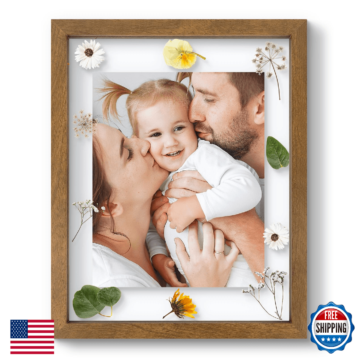 11x14 Floating Picture Frame - Brown Solid Wood Frame for Pressed Flower - Real - Image 1