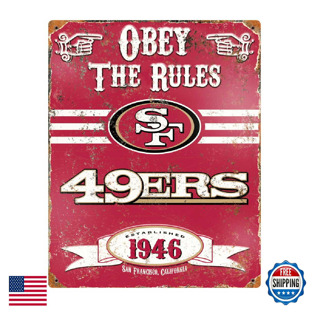 Party Animal NFL Embossed Metal Vintage San Francisco 49ers Sign 14.5x11 Red - Image 1
