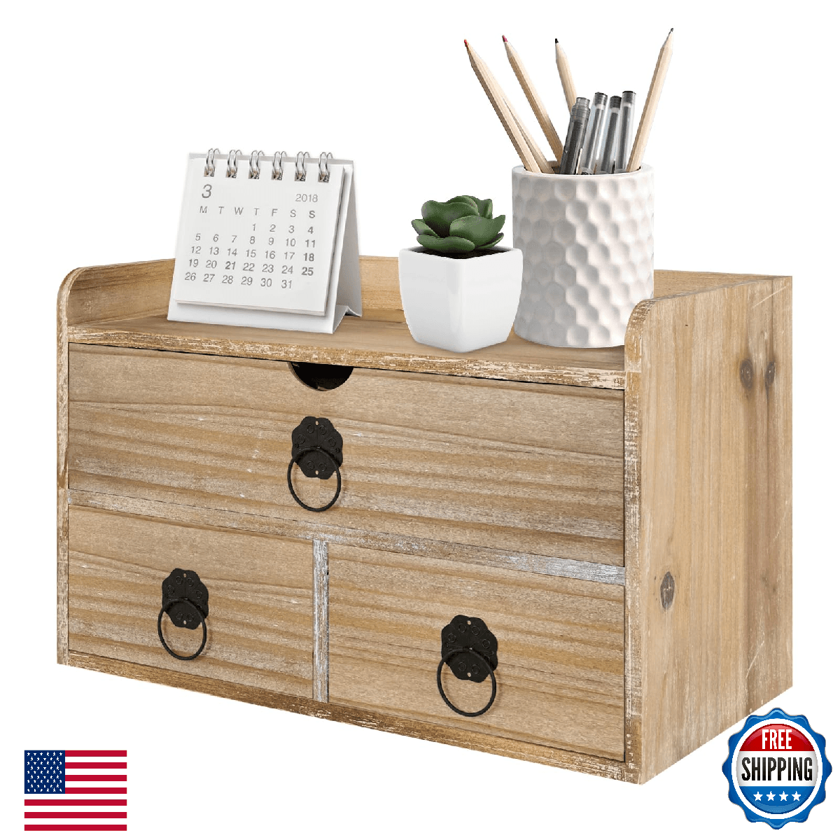 SeekElegant Washed White Wood Desk Organizer Mini Desktop Organizer with Drawers - Image 1