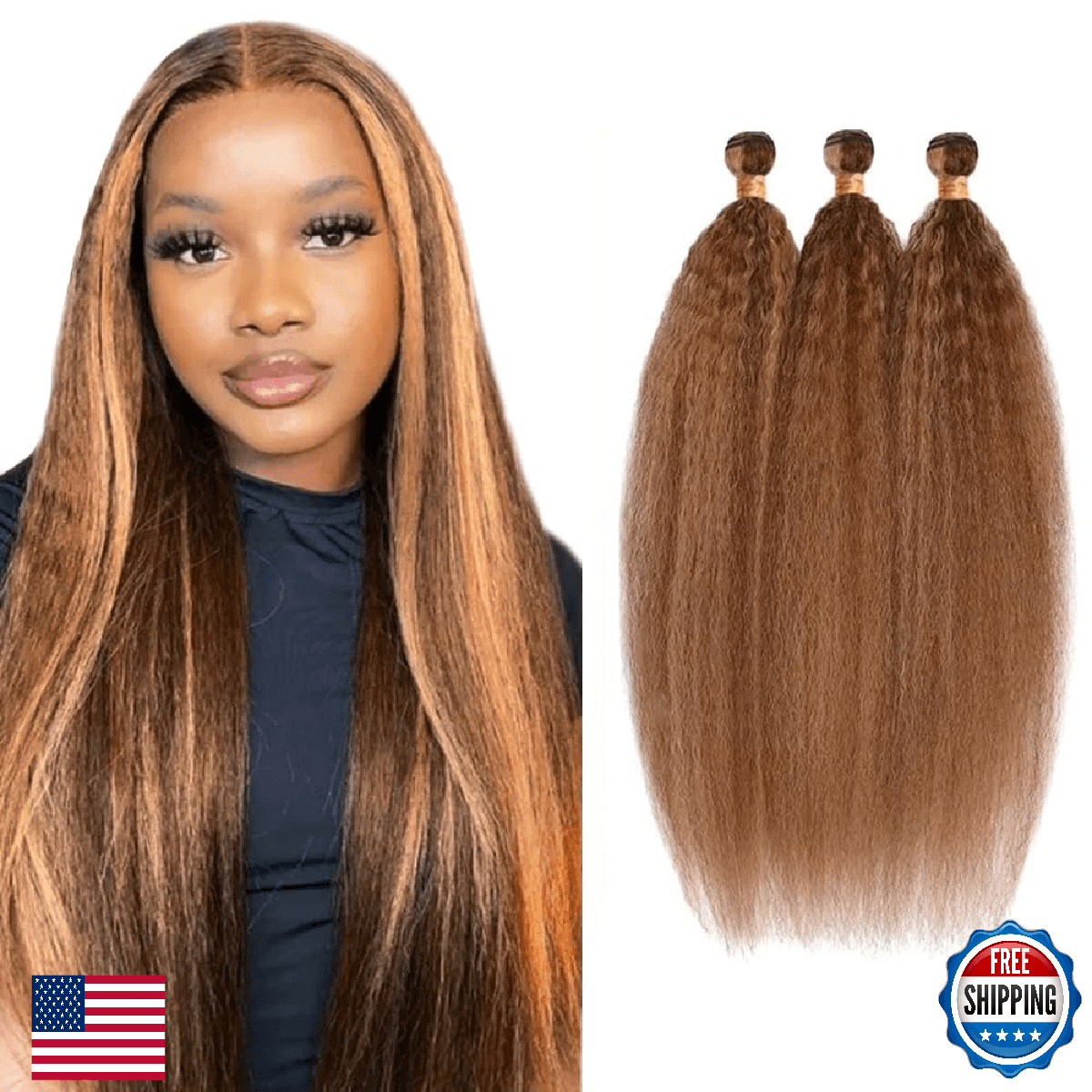 Freiuoke Brown Bundles Human Hair P4/30 Kinky Straight Bundle 12 14 16 Inch Colo - Image 1