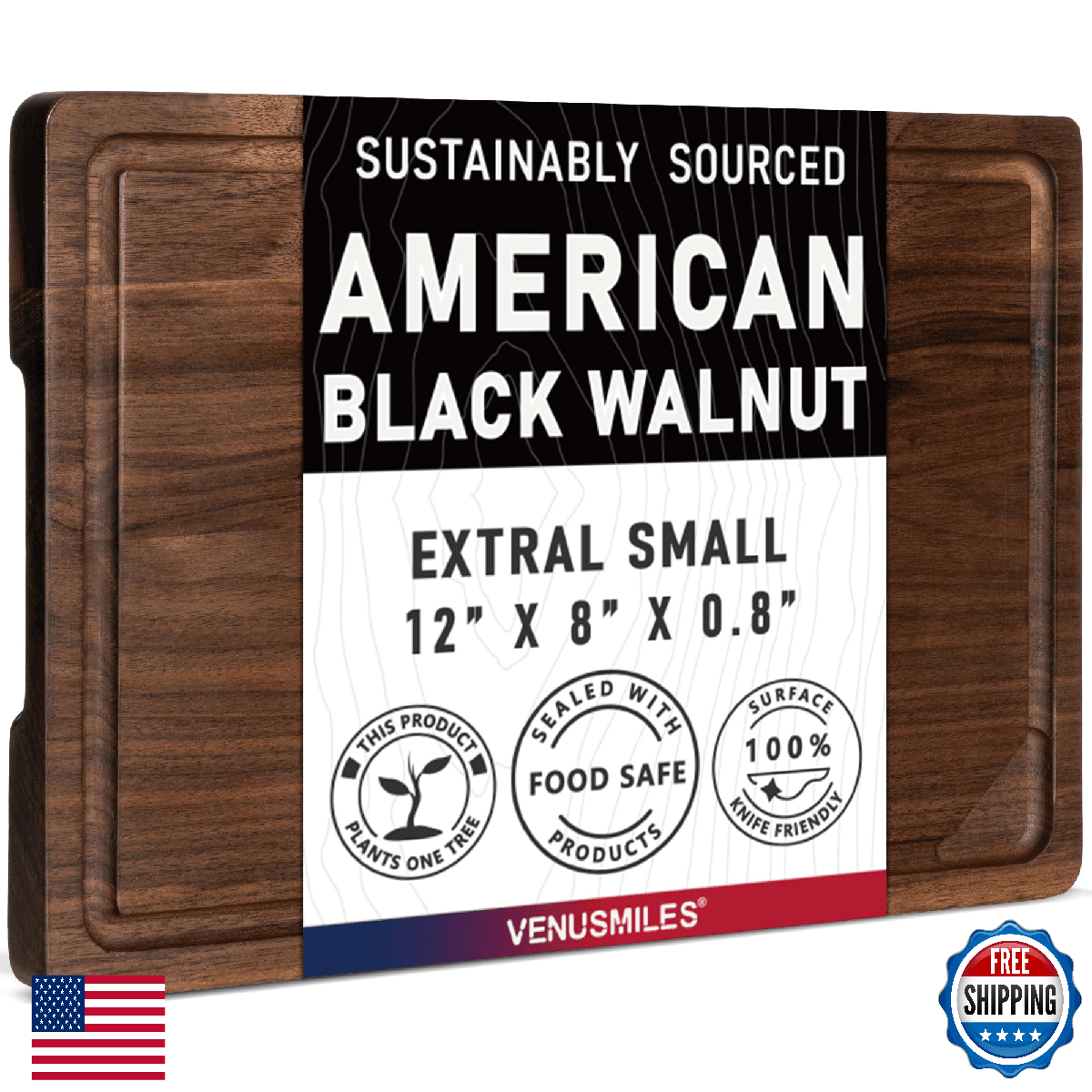 Walnut Wood Cutting Board for Kitchen with Deep Juice Groove & Side Handles, 12” - Image 1