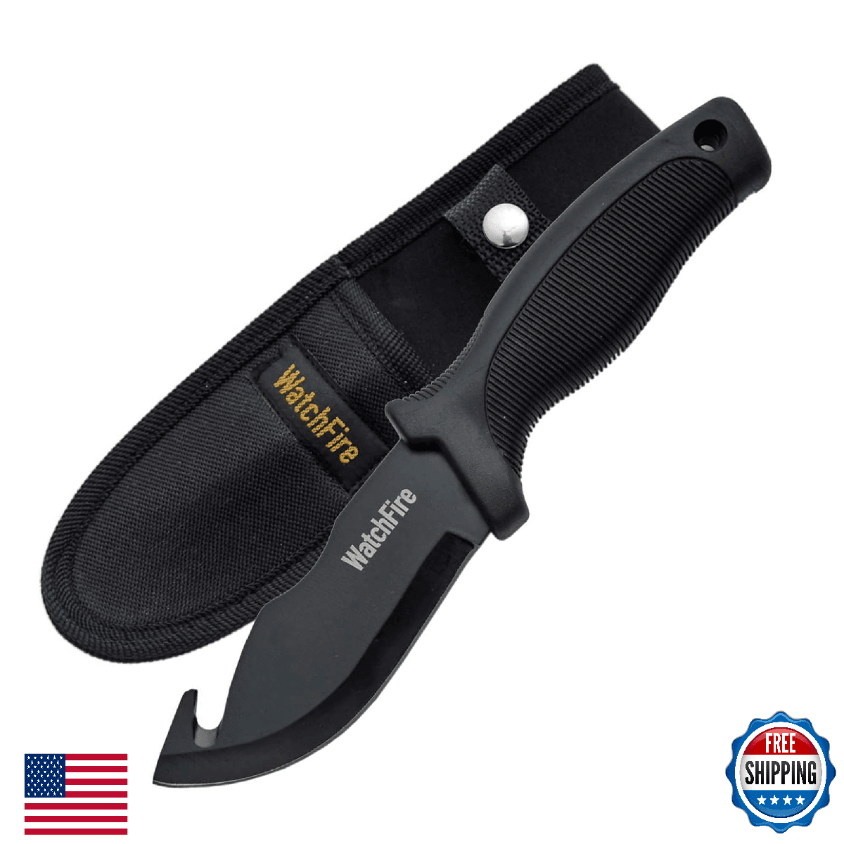 WatchFire Guthook 9" Skinning Knife - Stainless Black Blade w/Sheath - Image 1