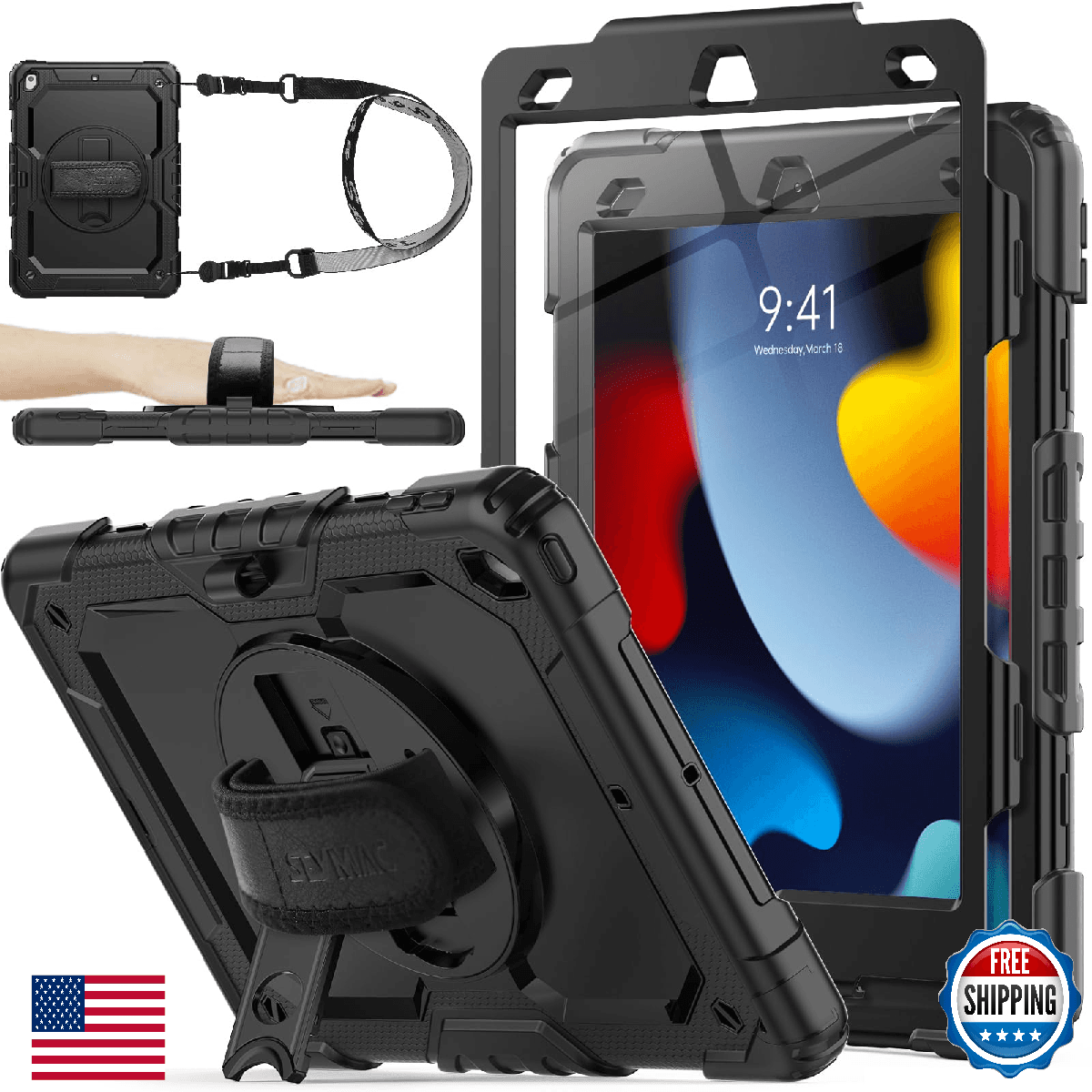 SEYMAC iPad 9th 8th 7th Gen 10.2'' Shockproof Case with Screen Protector Pencil - Image 1