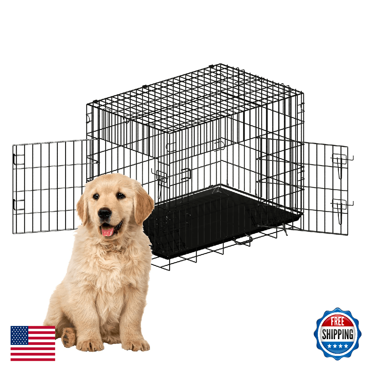 QISHIJIXIANG 30"x18" Double Door Foldable Dog Crate Wire Pet Pen w/ Tray & Divid - Image 1