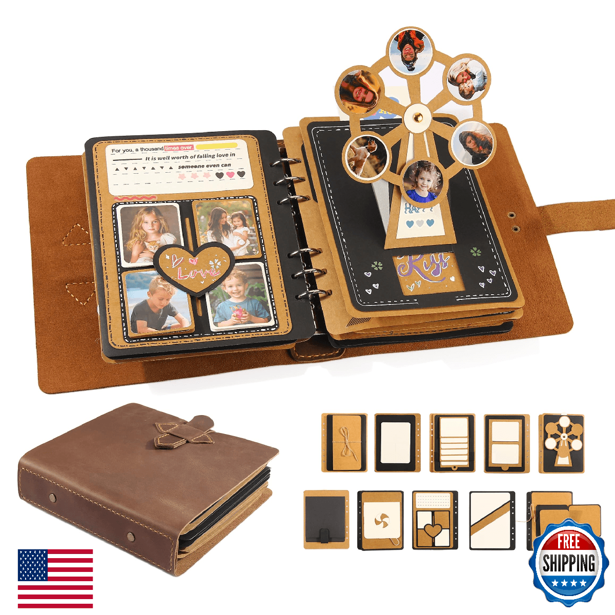 Handmade Genuine Leather Scrapbook Photo Album – DIY 3D Interactive Memory Book - Image 1