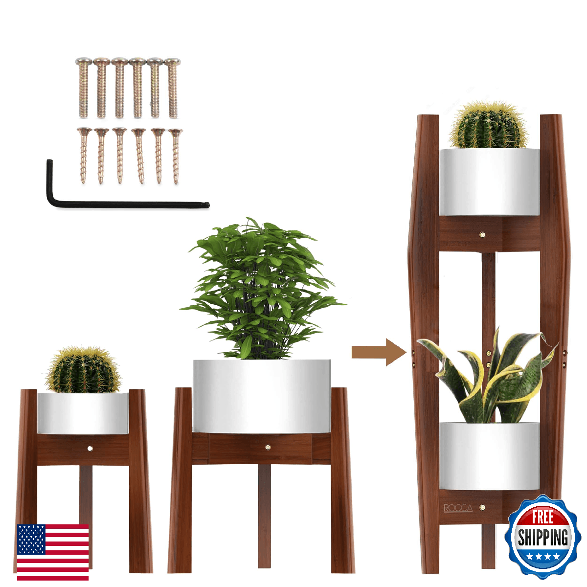 Rocca 2-Tier Adjustable Width 8 to 12 Inch Stackable Bamboo Indoor Tall Plant St - Image 1