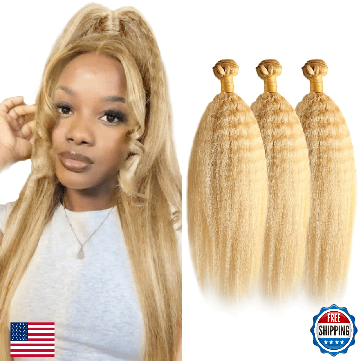 28 30 32 Inch P27/613 Highlight Blonde Bundles Human Hair Yaki Straight Bundles - Image 1