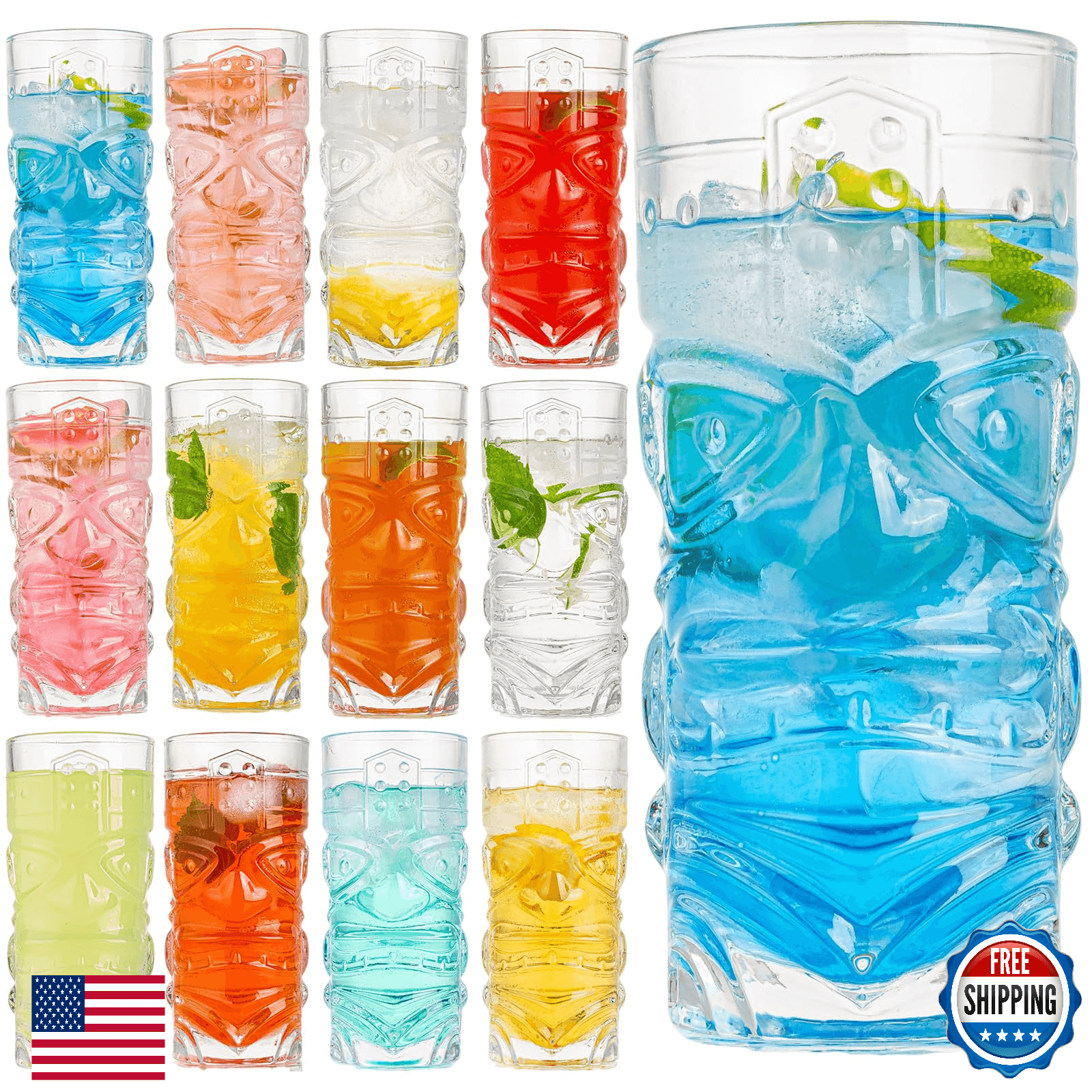 Claplante 12x 14oz Tiki Glasses Set, Modern Bar Highball Drinking Cups - Image 1