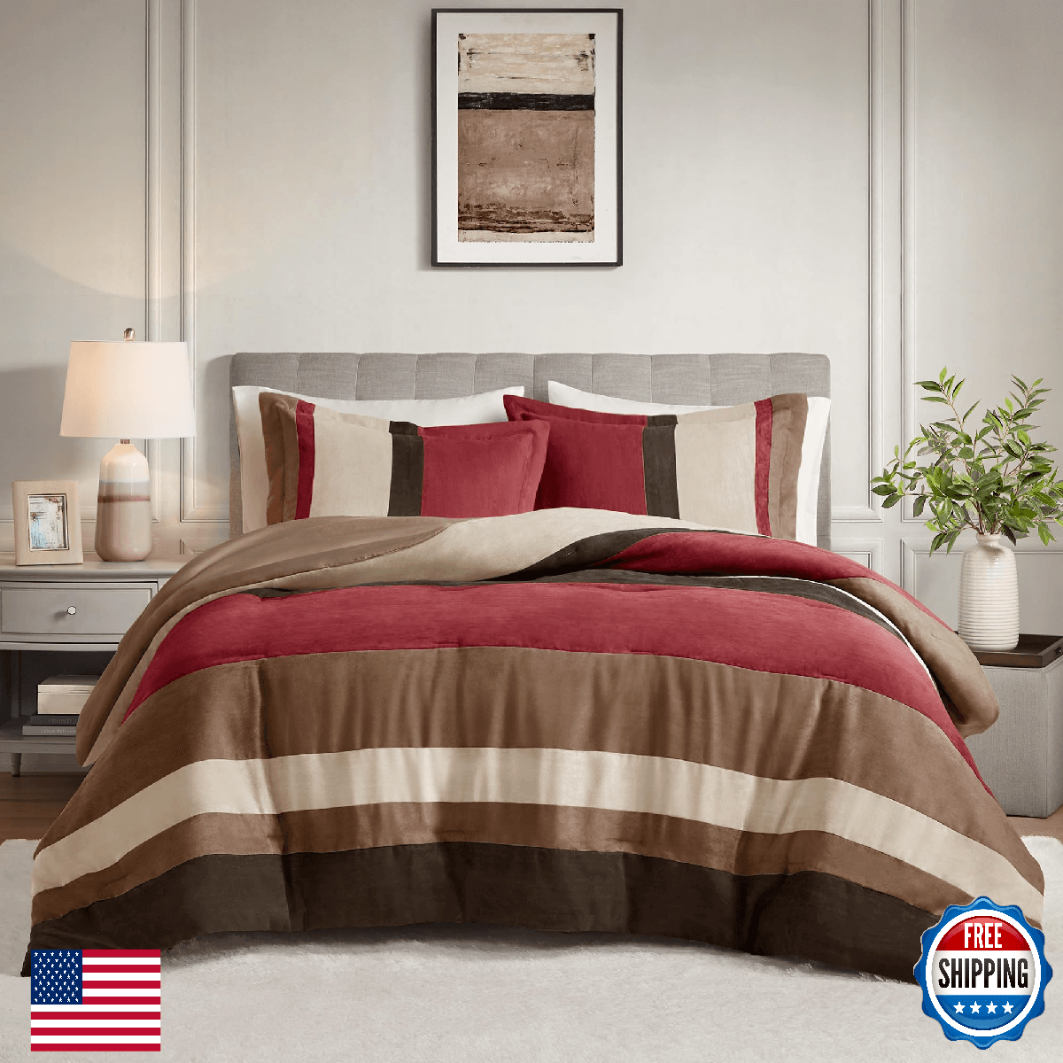 Comfort Spaces Luxe Microsuede Queen Comforter Set Red, 3 PC Pieced Color Block - Image 1