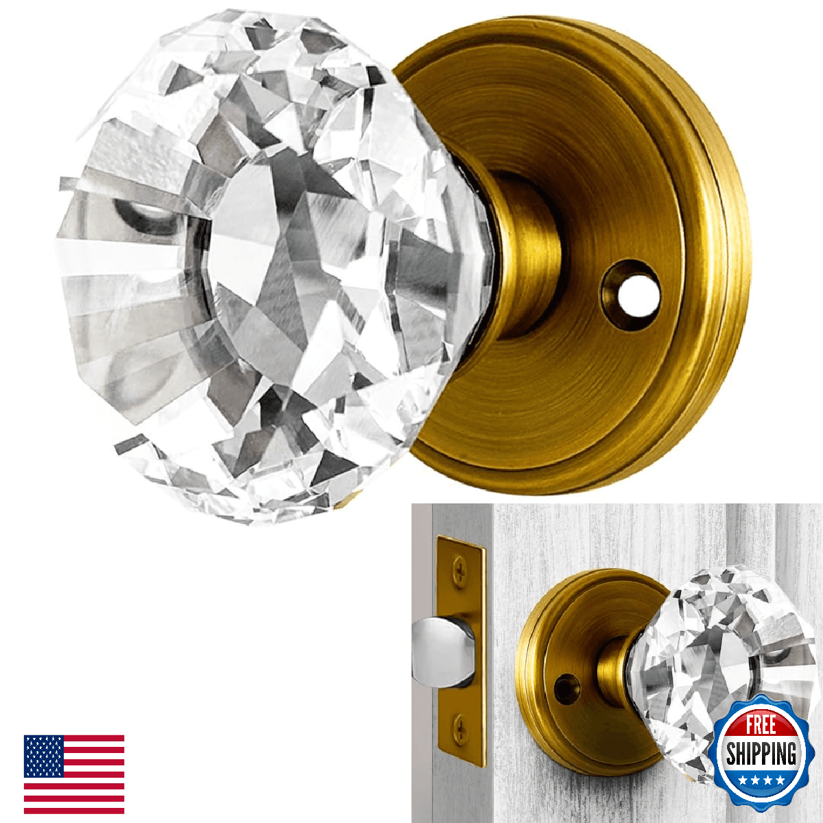 Balin Designs Gold Crystal Door Knob, Glass Door Knobs Interior Non-Locking Set, - Image 1