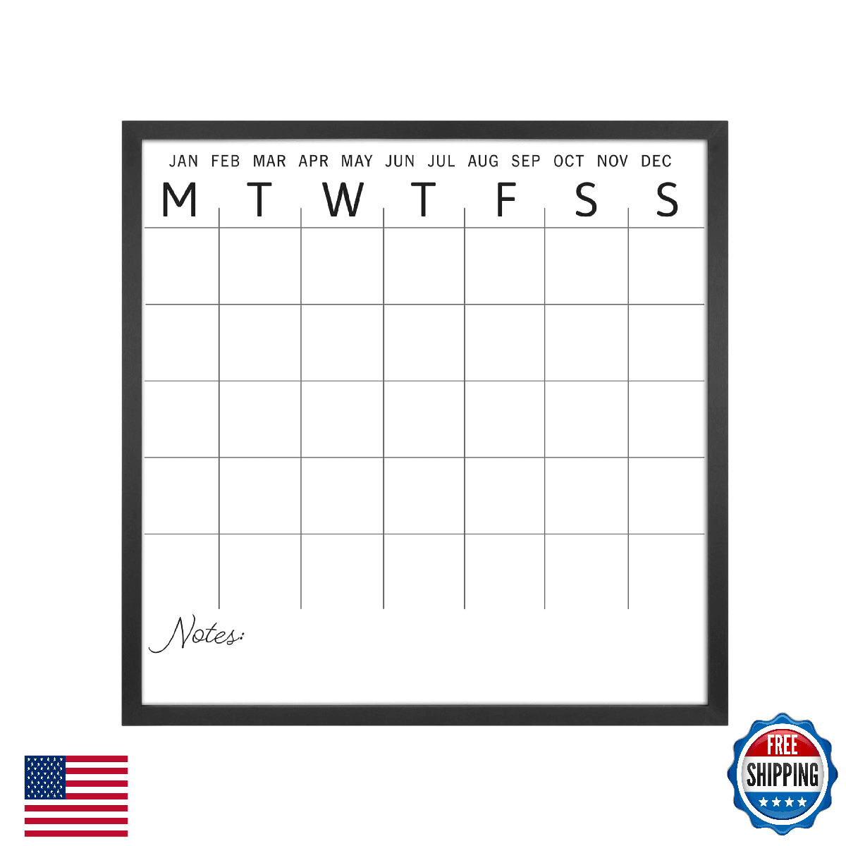 MCS Dry Erase Calendar 30x30 Black Framed Monthly Wall Planner Family Organizer - Image 1