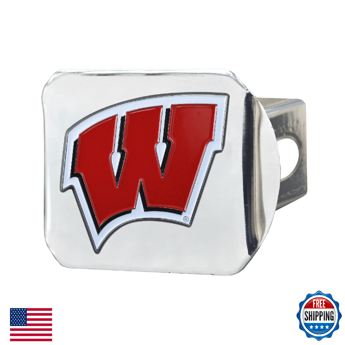 FANMATS Wisconsin Badgers 3D Color Emblem 2" Hitch Cover - Chrome Metal - Image 1