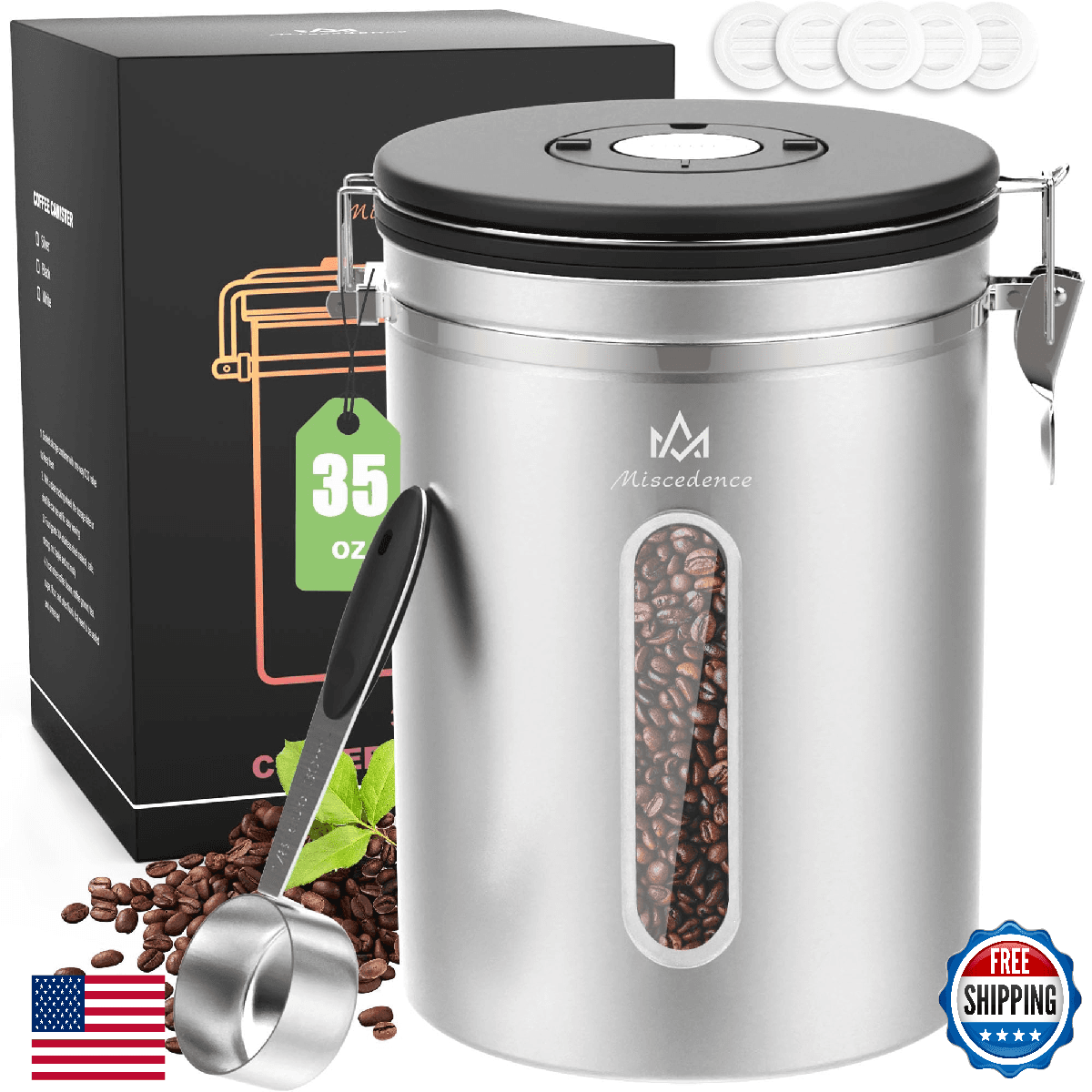 Miscedence 35OZ Airtight Coffee Canister with Lid - 304 Stainless Steel Kitchen - Image 1