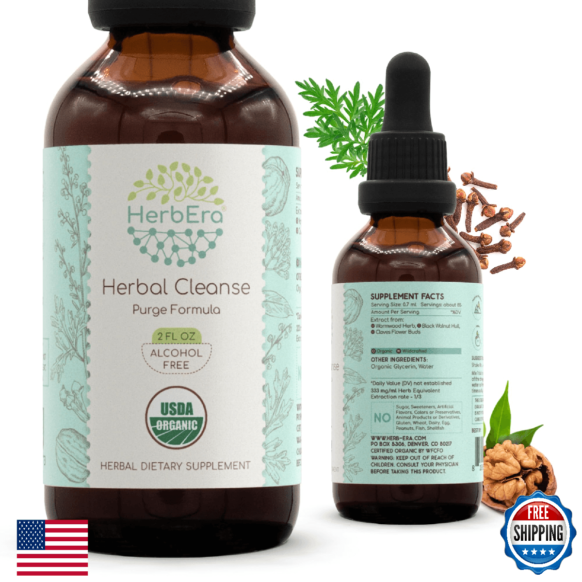 HerbEra Organic Herbal Cleanse Tincture - Wormwood Black Walnut Clove Detox Form - Image 1