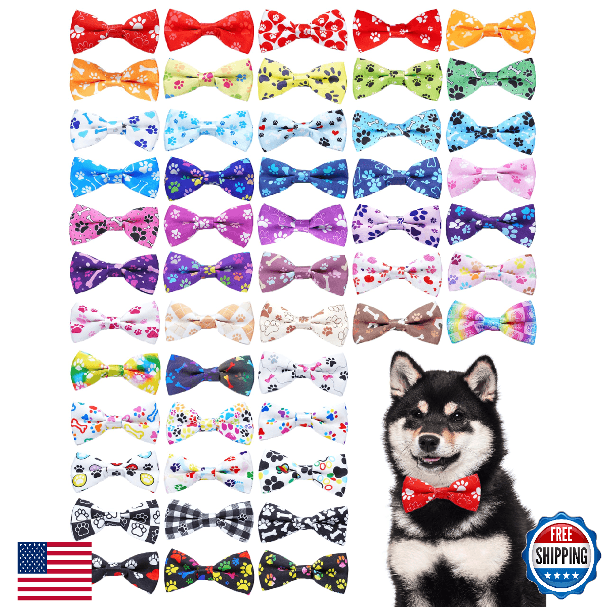 PET SHOW 50 Pack Small Dog Bow Ties Collar Paw Print Puppy Adjustable Bowties Ne - Image 1