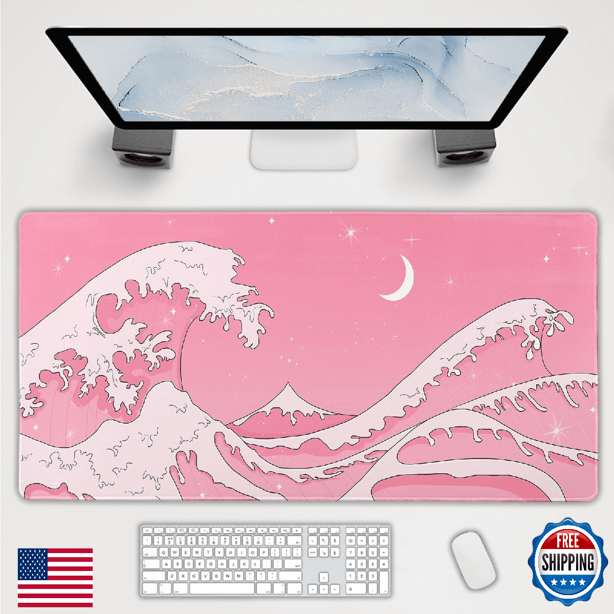 Pink Japanese Anime Gaming Mouse Pad XL Cute Kawaii Aesthetic Wave Extended Big - Image 1