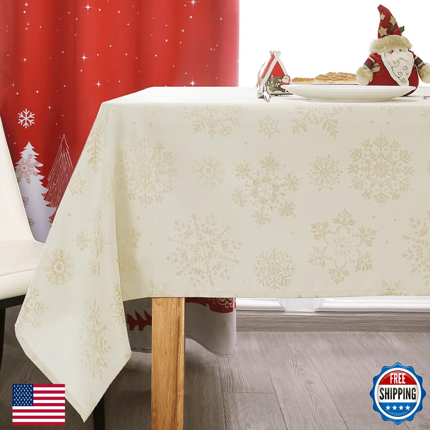 MikiUp Jacquard Rectangle Christmas Tablecloth - Xmas Snowflakes Glitz Metallic - Image 1